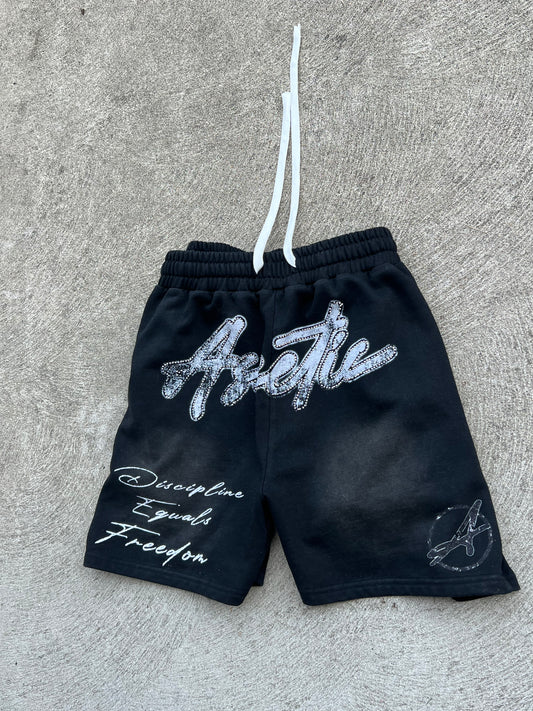 Ascetic Rhinestone Acid Wash Shorts