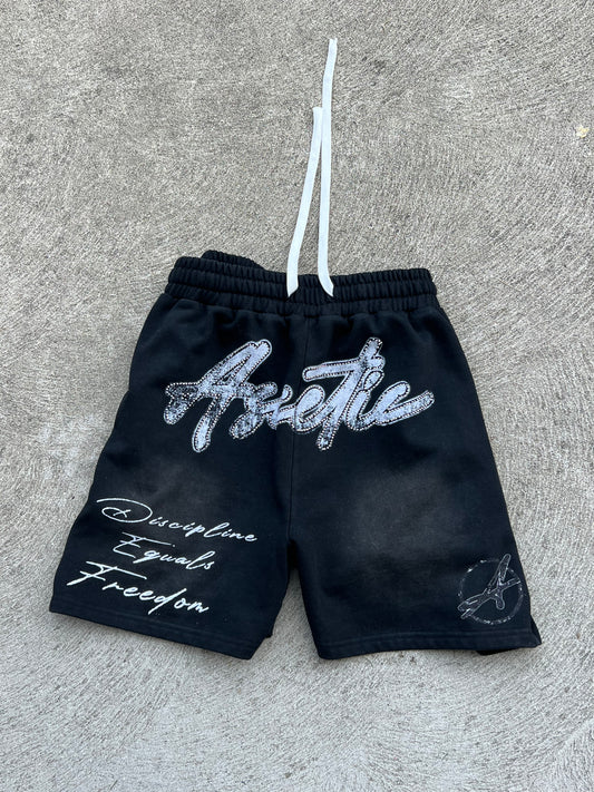 Ascetic Rhinestone Acid Wash Shorts